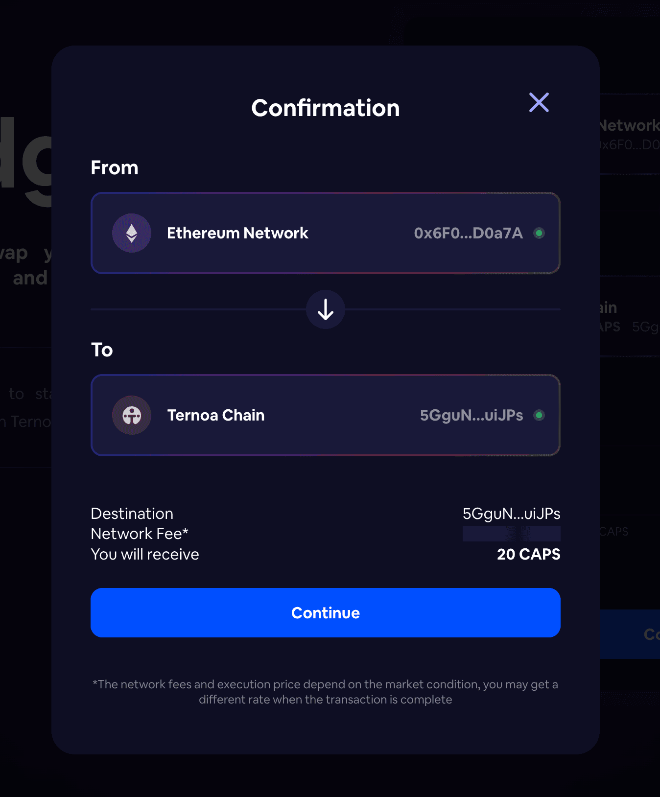 Buy CAPS tutorial - Bridge confirm modal